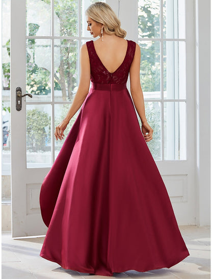 A-Line Wedding Guest Dresses Casual Dress Party Wear Asymmetrical Sleeveless Jewel Neck Satin with Pure Color