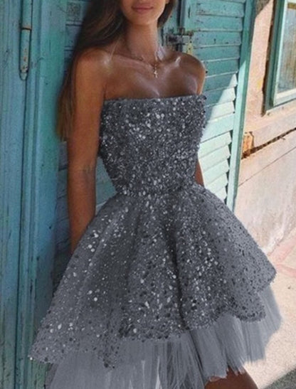 A-Line Homecoming Party Dress Sparkle & Shine Dress Holiday Graduation Short / Mini Sleeveless Strapless Tulle with Sequin Ruffles