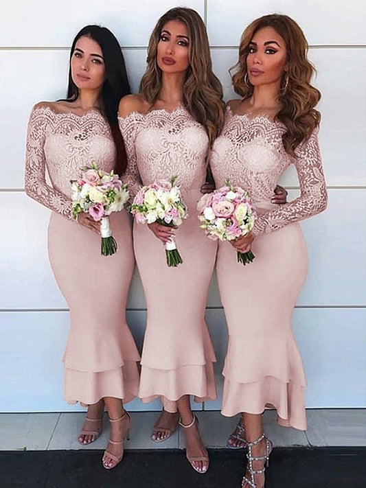 Sheath/Column Off-the-Shoulder Long Sleeves Ankle-Length Lace Stretch Crepe Bridesmaid Dresses