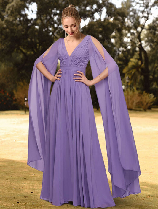 A-Line Evening Gown Empire Dress Wedding Guest Floor Length Long Sleeve V Neck Chiffon with Pleats Pure Color
