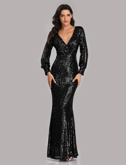 Mermaid / Trumpet Evening Gown Sparkle Dress Party Wear Floor Length Long Sleeve V Neck Sequined with Sequin