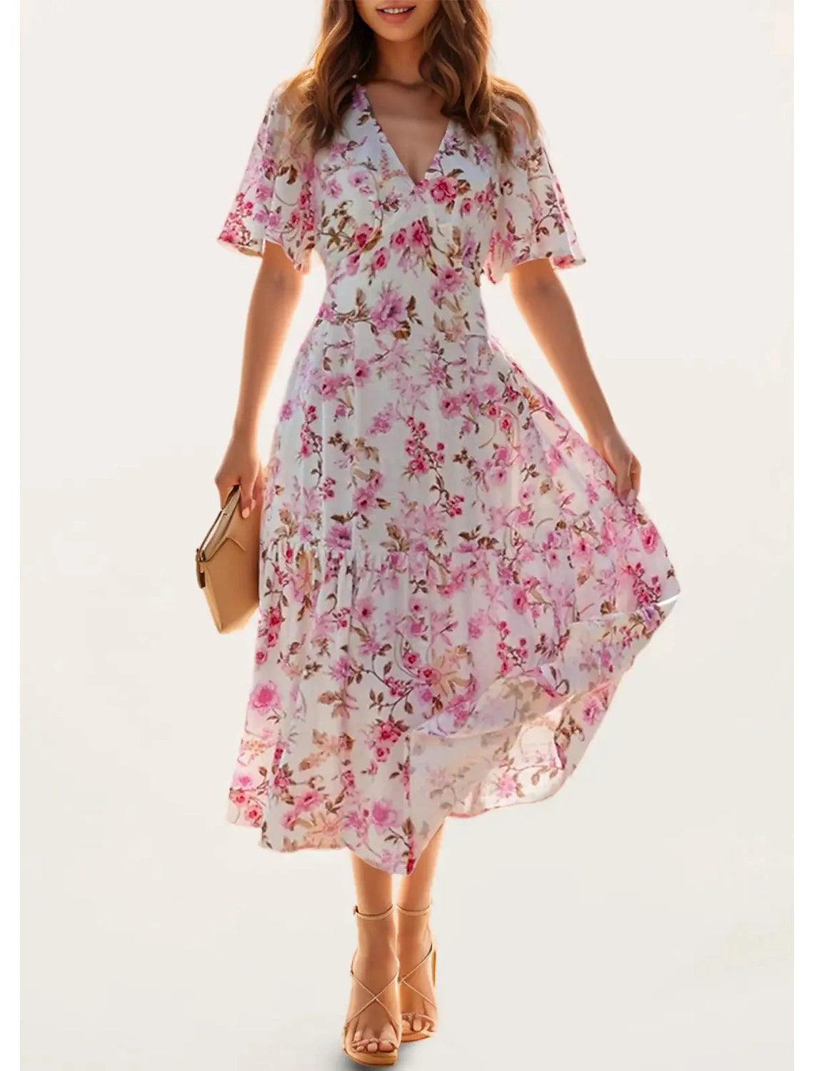 A-Line Wedding Guest Dresses Floral Dress Holiday Summer Tea Length Short Sleeve V Neck Polyester with Print