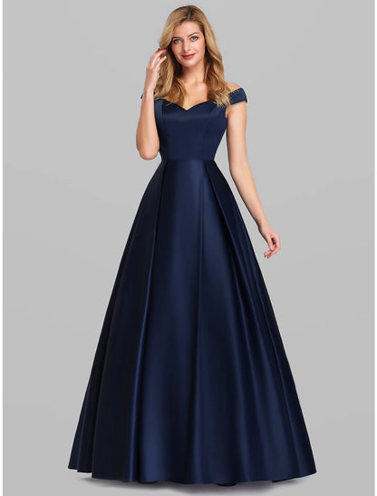 A-Line Evening Gown Elegant & Luxurious Dress Wedding Guest Floor Length Sleeveless Plunging Neck Satin with Ruched