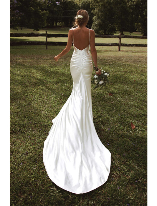 Hall Casual Wedding Dresses Mermaid / Trumpet Spaghetti Strap Camisole Spaghetti Strap Court Train Satin Bridal Gowns With Ruched Split Front