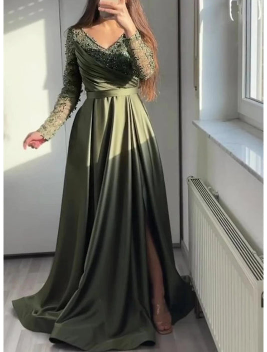 A-Line Prom Dresses Luxurious Dress Formal Wedding Guest Court Train Long Sleeve V Neck Charmeuse with Ruched Sequin Slit