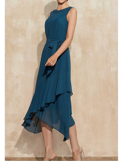 A-Line Wedding Guest Dresses Elegant Dress Party Wear Wedding Party Asymmetrical Sleeveless Jewel Neck Chiffon with Ruffles Strappy