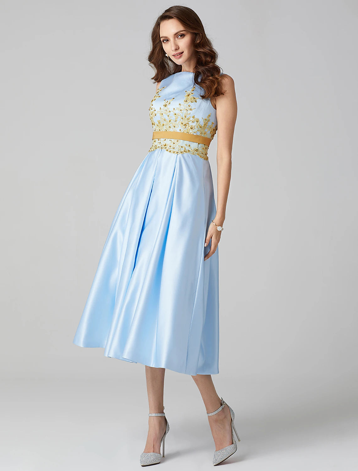 A-Line Cocktail Dresses Party Dress Wedding Guest Tea Length Sleeveless Jewel Neck Satin V Back with Pleats Appliques