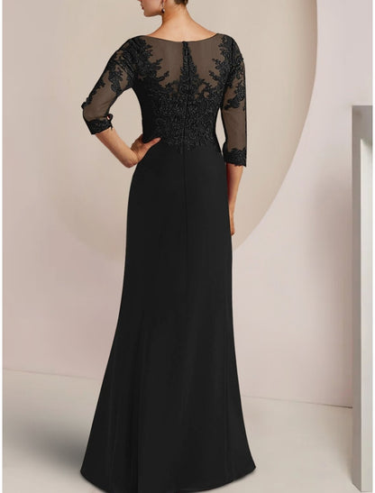 A-Line Mother of the Bride Dress Wedding Guest Party Elegant Scoop Neck Sweep / Brush Train Chiffon Half Sleeve with Lace Ruffles