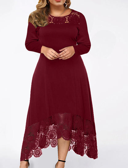 A-Line Cocktail Dresses Plus Size Dress Party Wear Wedding Guest Ankle Length Long Sleeve Jewel Neck Spandex with Lace Insert Pure Color