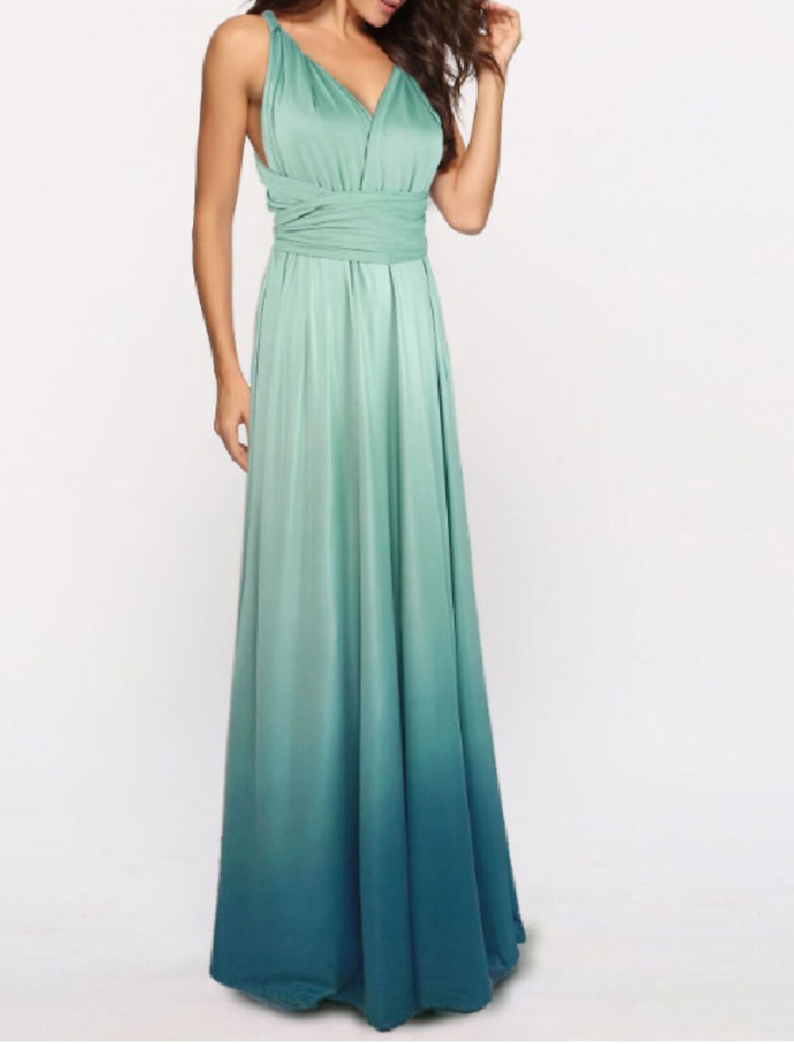 A-Line Ombre Engagement Prom Dress V Neck Backless Crisscross Back Sleeveless Floor Length Jersey with Criss Cross Ruched