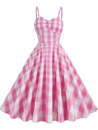 A-Line Party Dresses 1950s Dress Holiday Knee Length Sleeveless Spaghetti Strap pink hobbies Dresses Cotton with Pleats