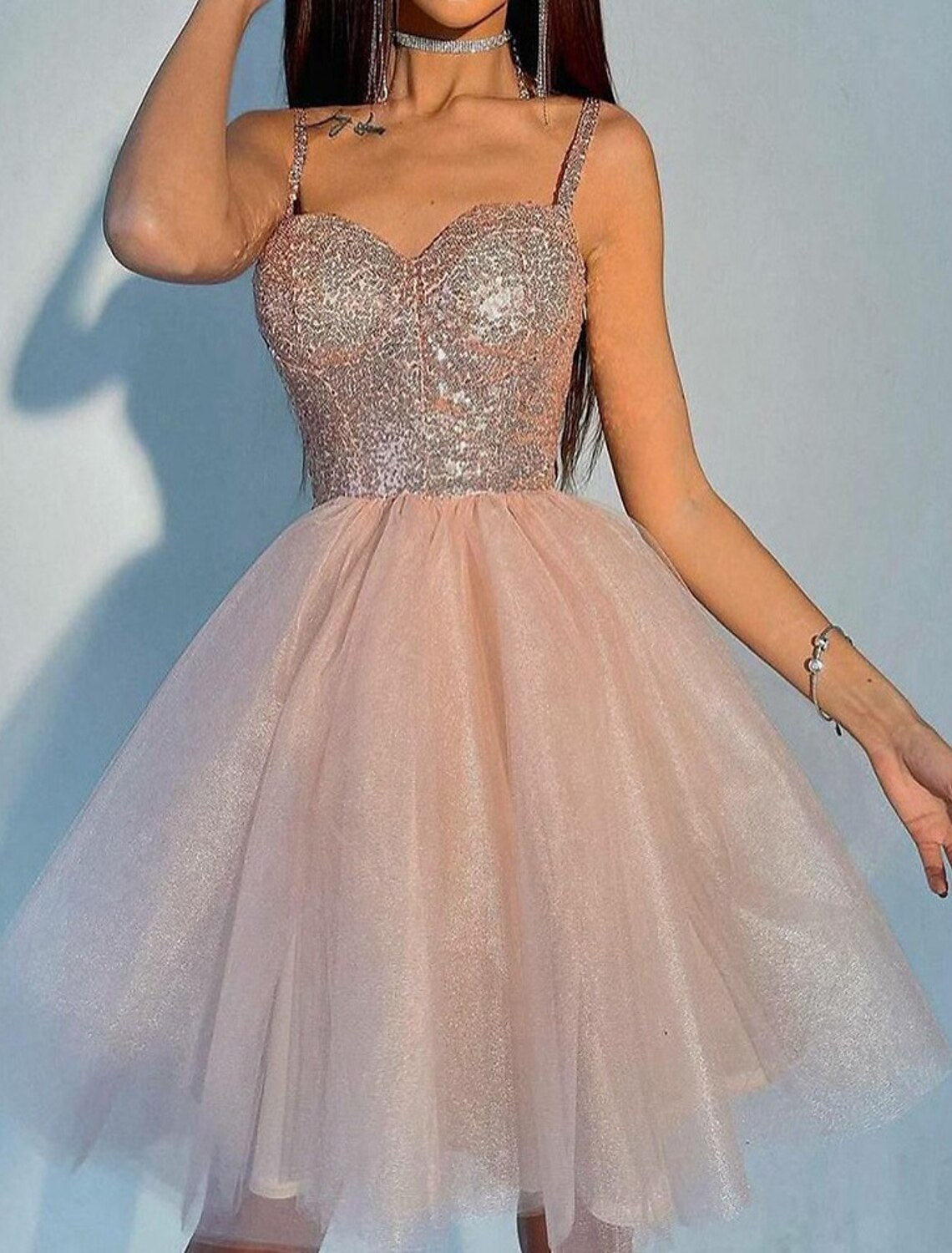 Ball Gown A-Line Sparkle & Shine Puffy Cocktail Party Prom Dress Spaghetti Strap Short Sleeve Knee Length Tulle with Sequin Tier