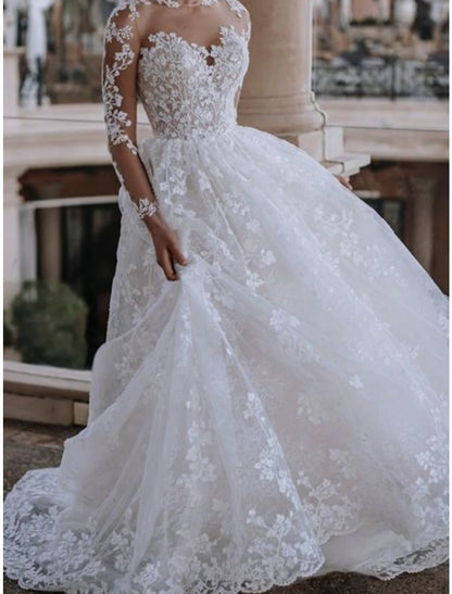 Beach Formal Wedding Dresses A-Line Illusion Neck Long Sleeve Sweep / Brush Train Lace Bridal Gowns With Pleats Solid Color