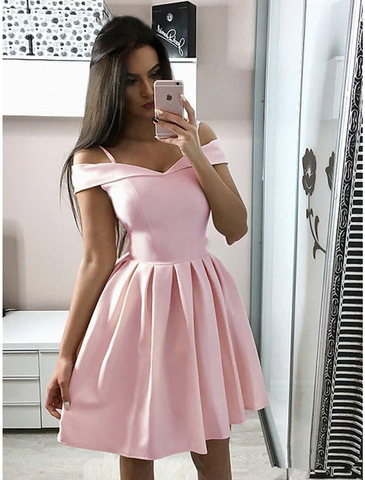 A-Line Cocktail Dresses Minimalist Dress Homecoming Party Wear Knee Length Sleeveless V Neck Pink Dress Stretch Fabric with Pleats