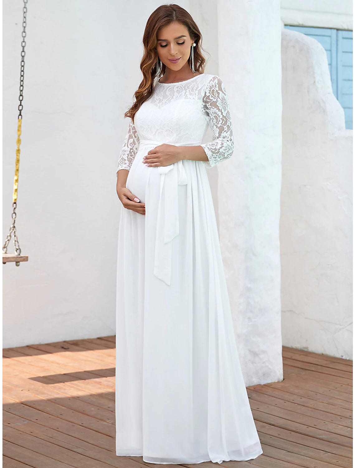 A-Line Evening Gown Maternity Dress Formal Evening Floor Length Half Sleeve Jewel Neck Chiffon with Lace Insert Pure Color