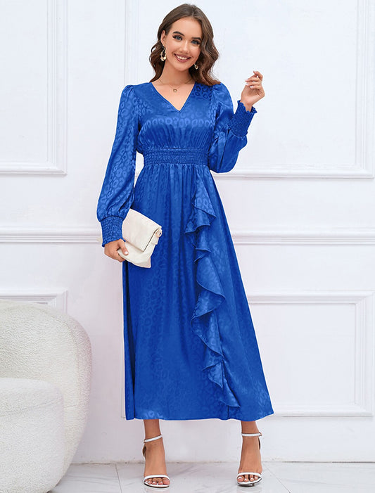 A-Line Party Dresses Elegant Dress Formal Fall Ankle Length Long Sleeve V Neck Satin with Ruffles Print