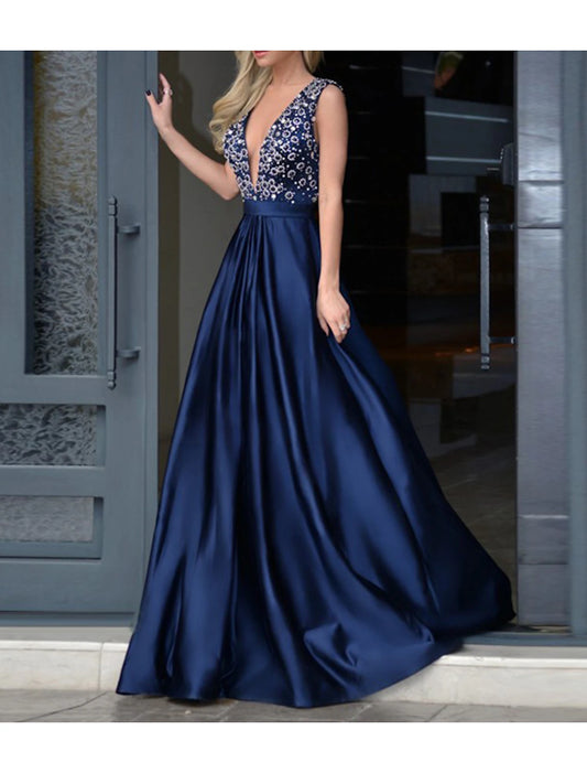 A-Line Prom Dresses Sparkle & Shine Dress Wedding Guest Engagement Floor Length Sleeveless V Neck Italy Satin with Pearls Beading Sequin