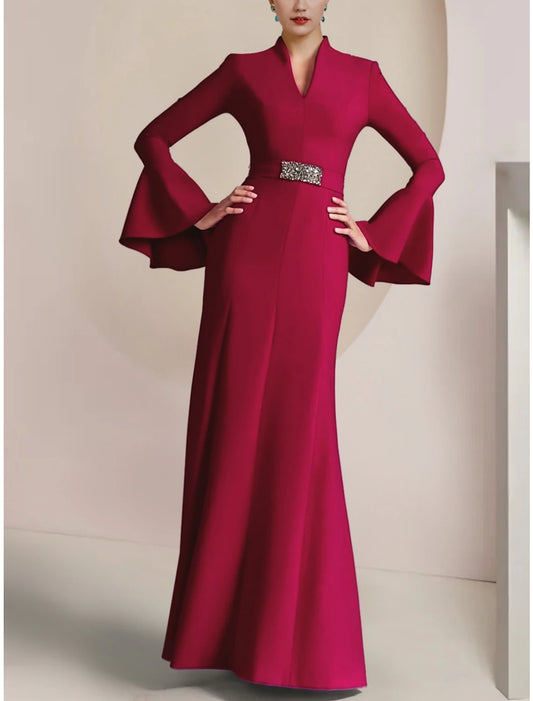 A-Line Mother of the Bride Dress Wedding Guest Elegant Party V Neck Floor Length Stretch Chiffon Long Sleeve with Pleats Crystal Brooch