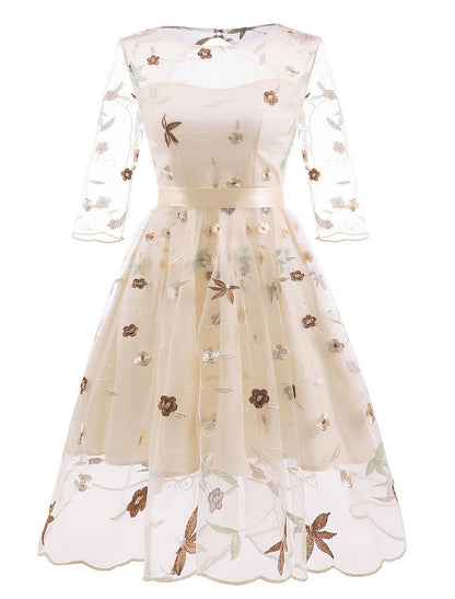 A-Line Cocktail Dresses Floral Dress Homecoming Knee Length Half Sleeve Jewel Neck Tulle with Embroidery Appliques