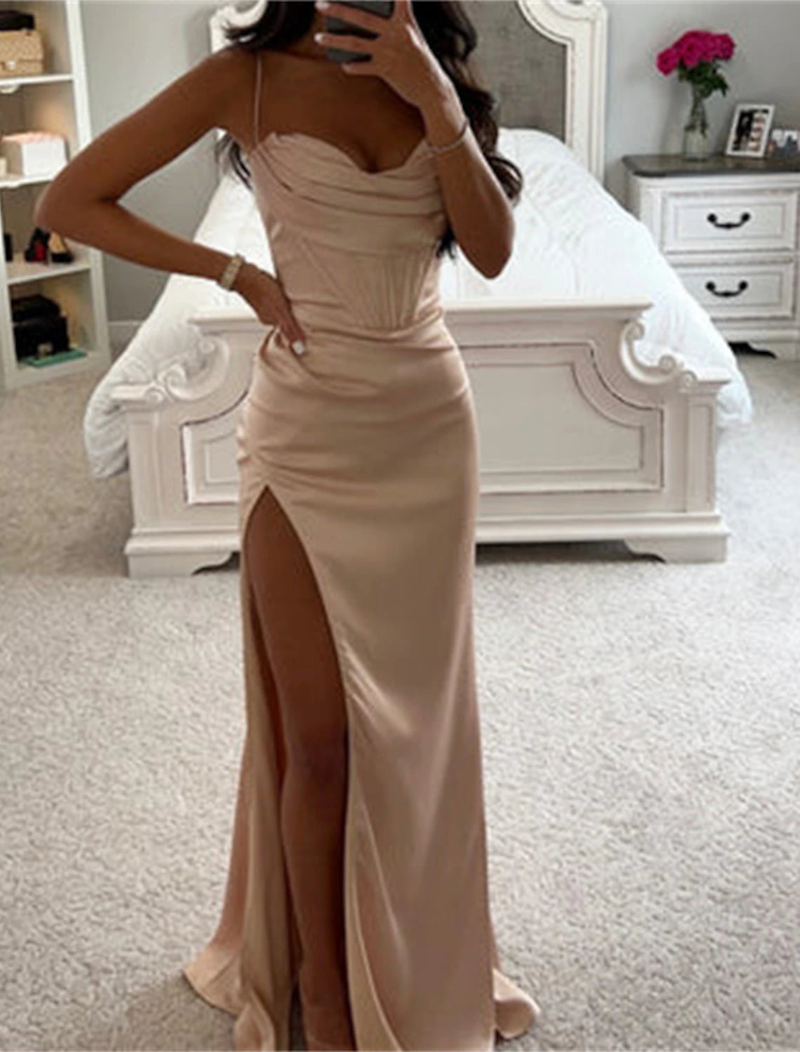 Mermaid / Trumpet Prom Dresses Corsets Dress Formal Evening Party Sweep / Brush Train Sleeveless Cowl Neck Satin with Ruched Slit