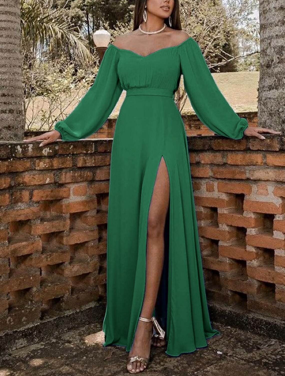 Sheath / Column Wedding Guest Dresses Elegant Dress Wedding Guest Floor Length Long Sleeve Off Shoulder Chiffon with Ruched Slit