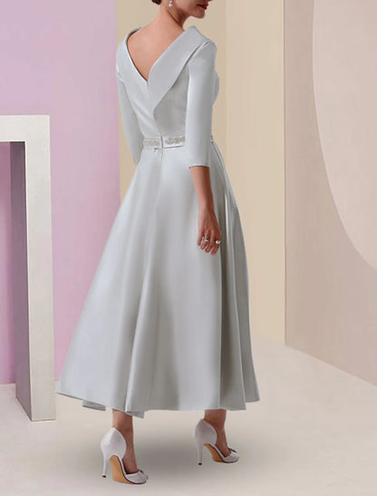 A-Line Mother of the Bride Dress Wedding Guest Vintage Plus Size Elegant Bateau Neck Tea Length Satin 3/4 Length Sleeve with Beading