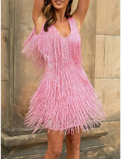 Women‘s Sequin Dress Fringe Dress Pink Sequin Dress Party Dress Sparkly Dress Black Dress Homecoming Mini Dress Silver Black White Sleeveless Sparkly Glitter Winter V Neck Fashion