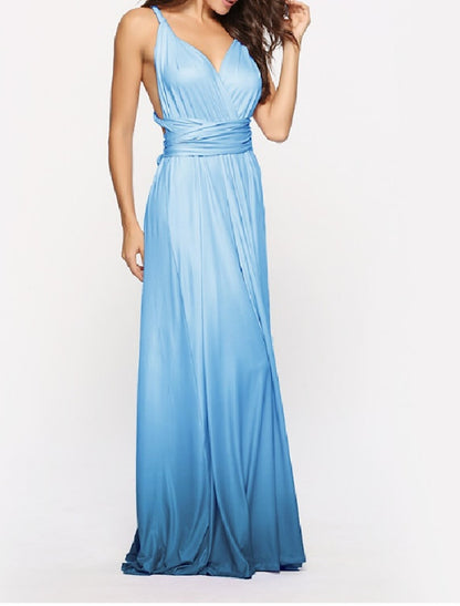 A-Line Ombre Engagement Prom Dress V Neck Backless Crisscross Back Sleeveless Floor Length Jersey with Criss Cross Ruched