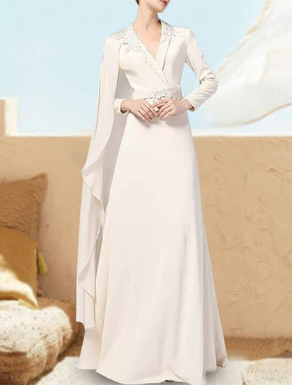 A-Line Prom Dresses Elegant Dress Formal Wedding Guest Floor Length Long Sleeve V Neck Chiffon with Sash / Ribbon Appliques
