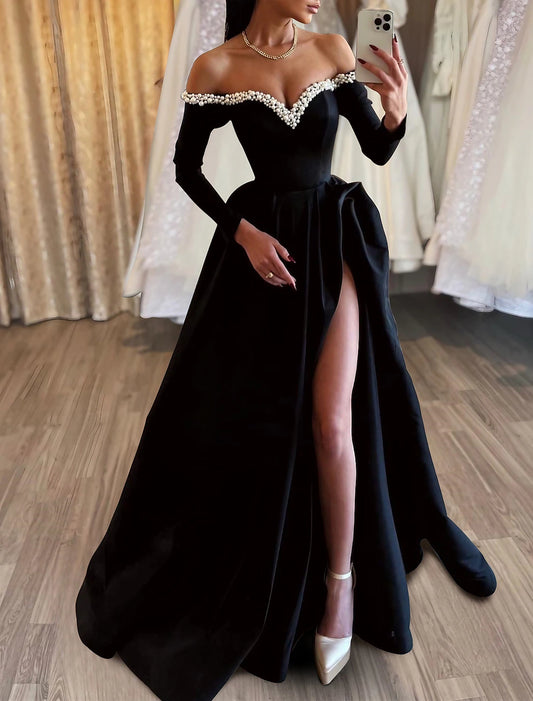 A-Line Evening Gown Black Dress Dress Formal Masquerade Sweep / Brush Train Long Sleeve Off Shoulder Satin with Pearls Slit