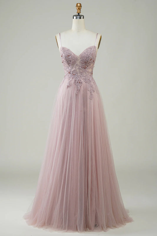 Amzcw Sparkly Blush A-Line Tulle Long Prom Dress with Lace