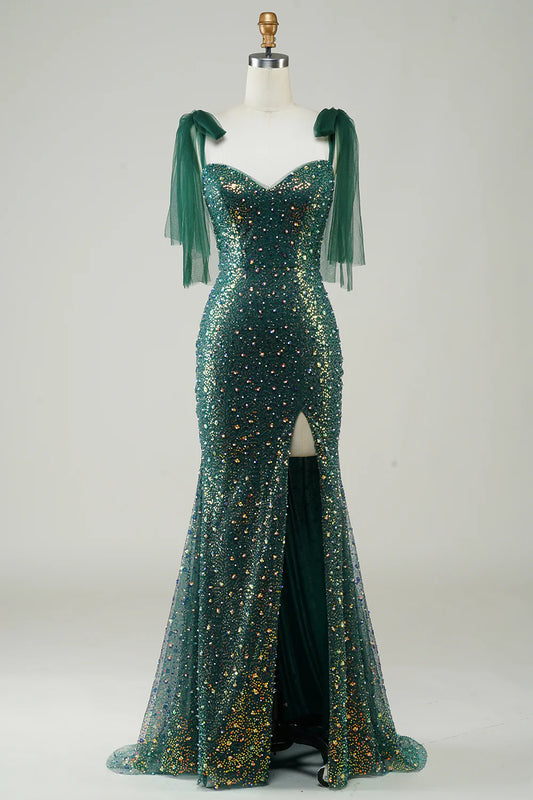 Amzcw Sparkly Dark Green Mermaid Sequin Long Prom Dress with Slit