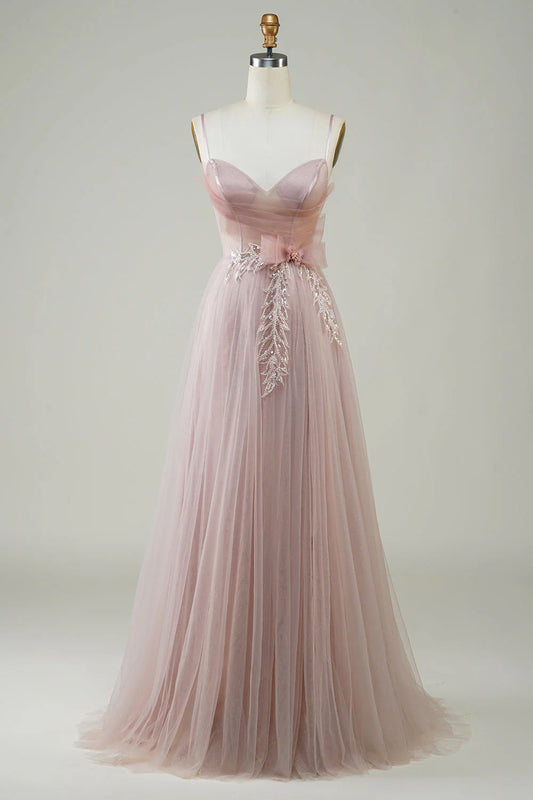 Amzcw Blush A-Line Corset Long Tulle Prom Dress with Appliques prom dresses with long sleeves