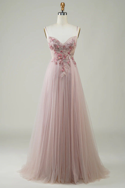 Amzcw Blush Corset A-Line Long Prom Dress with Flowers