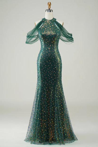 Amzcw Sparkly Dark Green Sequin Mermaid Long Prom Dress