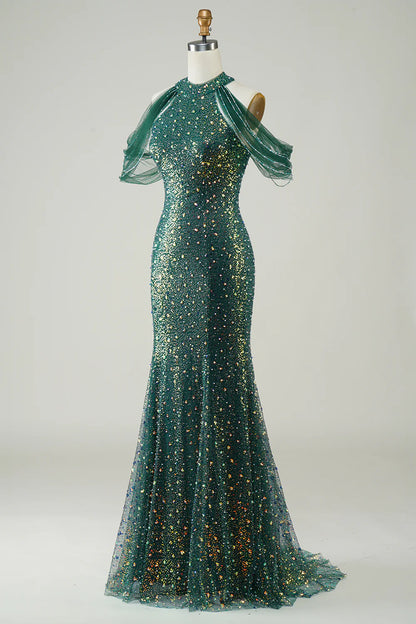 Amzcw Sparkly Dark Green Sequin Mermaid Long Prom Dress