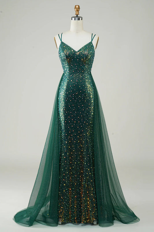 Amzcw Sparkly Dark Green Beaded Long Prom Dress