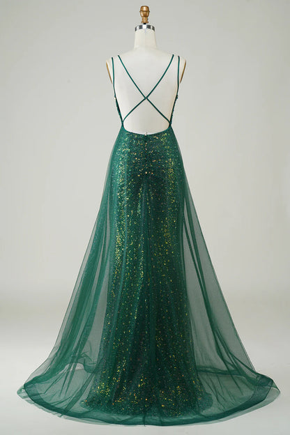 Amzcw Sparkly Dark Green Beaded Long Prom Dress