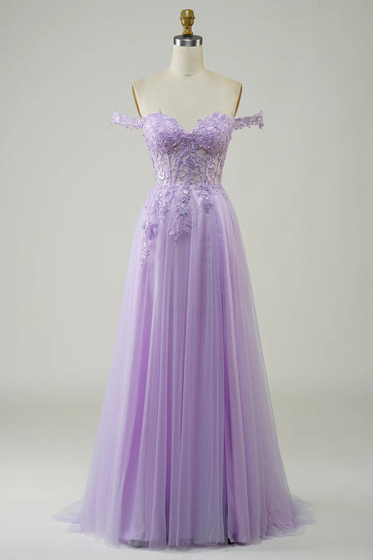 Amzcw Purple Corset A-Line Long Tulle Prom Dress with Lace