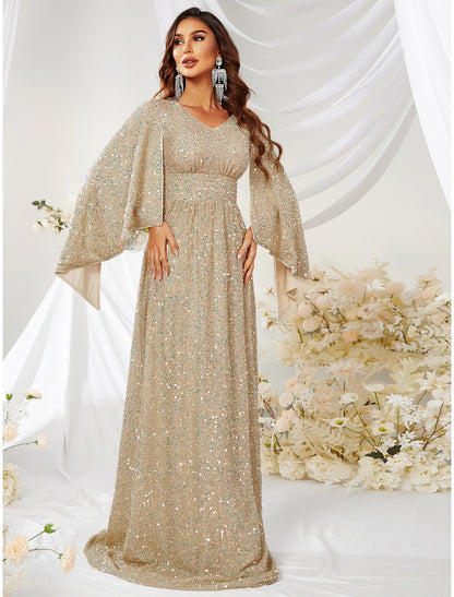 A-Line Evening Gown Sparkle & Shine Dress Formal Sweep / Brush Train Long Sleeve V Neck Capes Polyester with Sequin