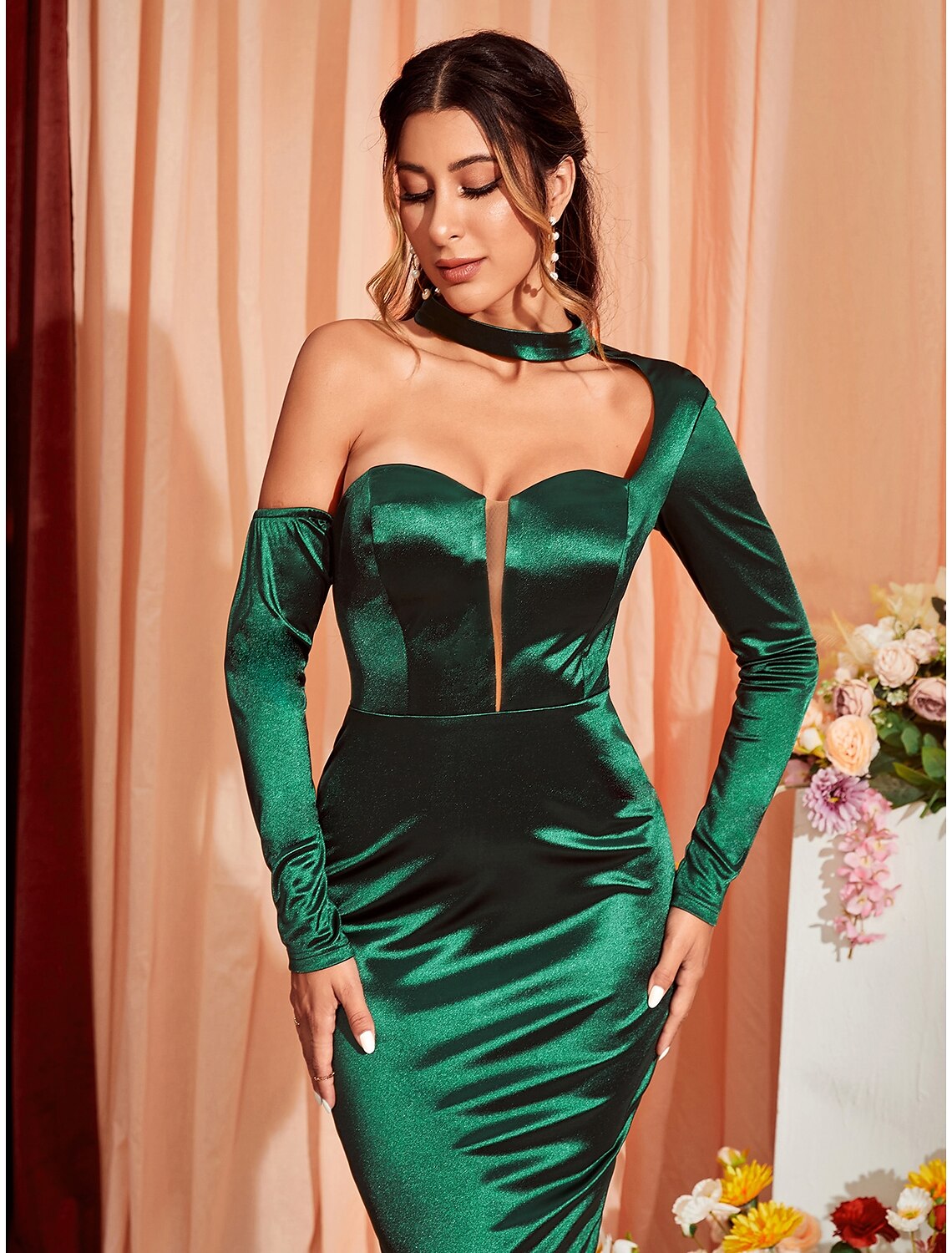 Mermaid / Trumpet Party Dresses Sexy Dress Wedding Party Tea Length Long Sleeve One Shoulder Stretch Satin with Ruched Slit