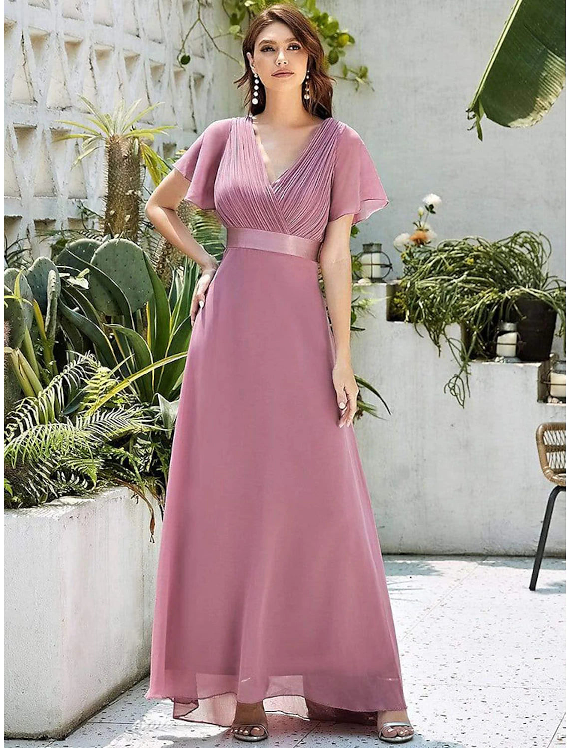 A-Line Evening Gown Empire Dress Wedding Guest Floor Length Short Sleeve V Neck Chiffon V Back with Ruffles Pure Color