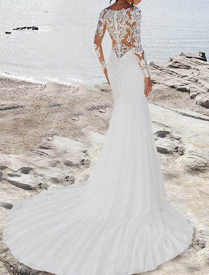 Beach Formal Wedding Dresses Mermaid / Trumpet V Neck Long Sleeve Court Train Satin Bridal Gowns With Pleats Solid Color