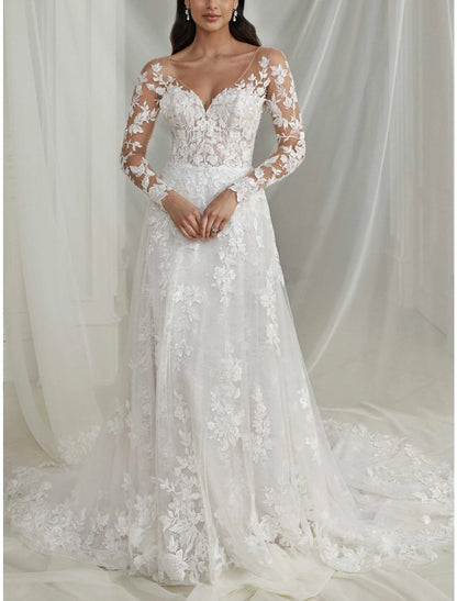 Hall Formal Wedding Dresses A-Line V Neck Long Sleeve Court Train Lace Bridal Gowns With Pleats Solid Color