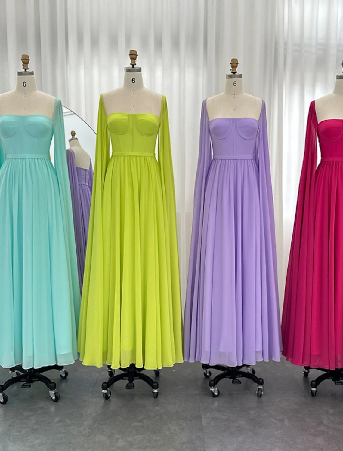 A-Line Evening Gown Elegant Cape Green Dress Formal Fall Floor Length Long Sleeve Square Neck Chiffon with Pleats