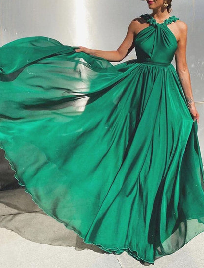 Ball Gown Wedding Guest Dresses Open Back Dress Wedding Guest Prom Sweep / Brush Train Sleeveless Halter Neck Polyester with Pleats