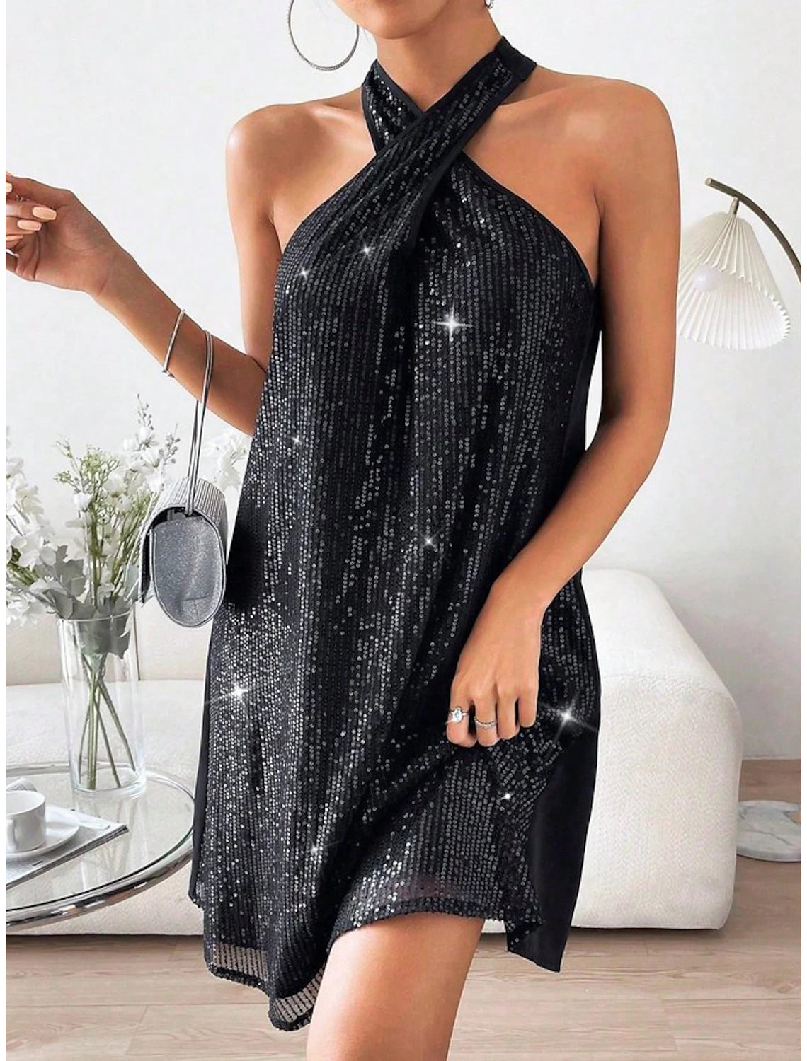 Women‘s Little Black Dress Sexy Dress Black Sequin Dress Party Dress Homecoming Dress Mini Dress Fuchsia Sleeveless Spring Fall Halter Neck Fashion Wedding Guest Vacation