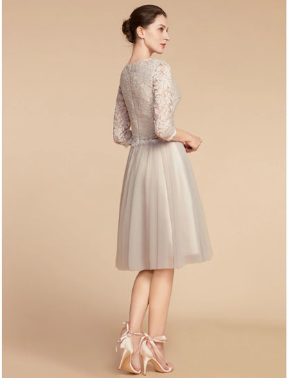 A-Line Mother of the Bride Dress Wedding Guest Elegant Petite Jewel Neck Knee Length Lace Tulle Half Sleeve with Pleats Solid Color