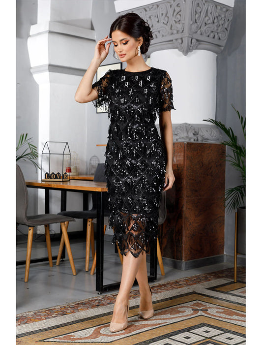 Sheath / Column Party Dresses Vintage Dress Halloween Tea Length Short Sleeve Jewel Neck Nylon with Tassel Embroidery Splicing