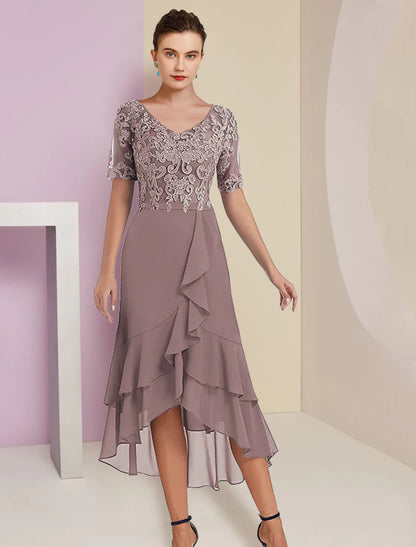 Two Piece A-Line Mother of the Bride Dress Formal Fall Wedding Guest Elegant High Low V Neck Asymmetrical Tea Length Chiffon Lace Short Sleeve 3/4 Length Sleeve Wrap Included with Appliques